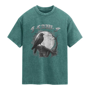 Black Crow F-Caw-F Washed Cotton T-Shirt Funny Raven Moon Gothic Adult Humor