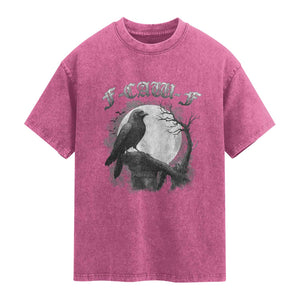 Black Crow F-Caw-F Washed Cotton T-Shirt Funny Raven Moon Gothic Adult Humor