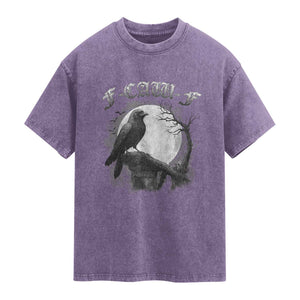 Black Crow F-Caw-F Washed Cotton T-Shirt Funny Raven Moon Gothic Adult Humor