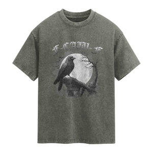 Black Crow F-Caw-F Washed Cotton T-Shirt Funny Raven Moon Gothic Adult Humor