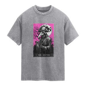 Plague Doctor Tarot Card Washed Cotton T-Shirt Mysterious Horror Death Occult Satanic