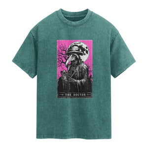 Plague Doctor Tarot Card Washed Cotton T-Shirt Mysterious Horror Death Occult Satanic