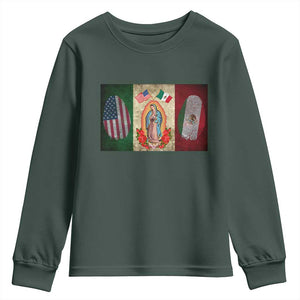 Mexico Flag Youth Sweatshirt Virgin Mary Mexican American Patriotic Mexican Roots TS10 Dark Forest Green Print Your Wear