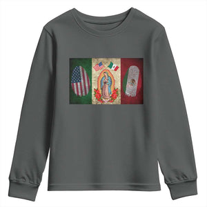 Mexico Flag Youth Sweatshirt Virgin Mary Mexican American Patriotic Mexican Roots TS10 Dark Heather Print Your Wear