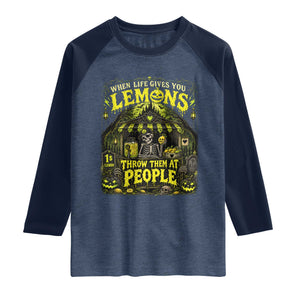 When Life Gives You Lemons Throw Them At People Raglan Shirt Funny Skeleton Halloween Gothic Lemonade Graphic