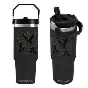 Flying Raven Crow Flip Straw Tumbler Black Bird Gothic Occult Cyber Y2K Dark Academia Ravens Graphic