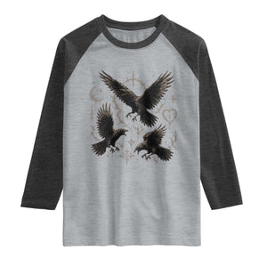 Flying Raven Crow Raglan Shirt Black Bird Gothic Occult Cyber Y2K Dark Academia Ravens Graphic