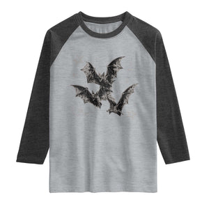 Three Bats Y2k Raglan Shirt Vintage 90s Style Bat Gothic Occult Halloween Bat Graphic
