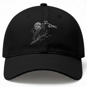 Skeleton Hand Boop Raven Baseball Cap Funny Spooky Halloween Crow Moon Graphic
