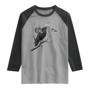 Skeleton Hand Boop Raven Raglan Shirt Funny Spooky Halloween Crow Moon Graphic
