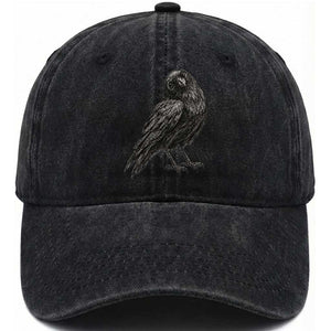 Curious Raven Crow Washed Cotton Baseball Cap Vintage Dark Academia Gothic Black Bird Graphic