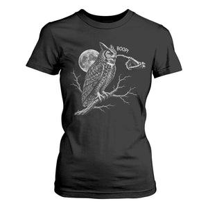 Skeleton Hand Boop Owl T Shirt For Women Funny Spooky Halloween Moon Graphic