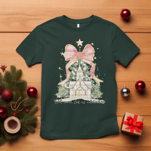 Christian Christmas T Shirt Oh Come Let Us Adore Him Nativity Christmas Tree Bow TS10 Dark Forest Green Print Your Wear