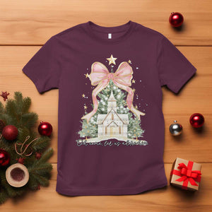 Christian Christmas T Shirt Oh Come Let Us Adore Him Nativity Christmas Tree Bow TS10 Maroon Print Your Wear