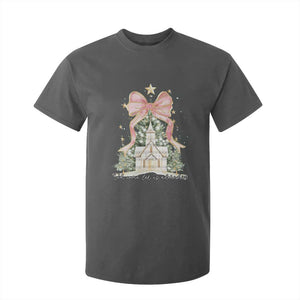 Christian Christmas T Shirt For Kid Oh Come Let Us Adore Him Nativity Christmas Tree Bow TS10 Dark Heather Print Your Wear