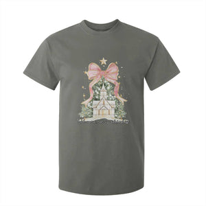 Christian Christmas T Shirt For Kid Oh Come Let Us Adore Him Nativity Christmas Tree Bow TS10 Military Green Print Your Wear