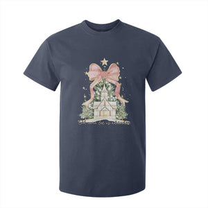 Christian Christmas T Shirt For Kid Oh Come Let Us Adore Him Nativity Christmas Tree Bow TS10 Navy Print Your Wear