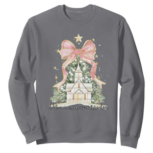 Christian Christmas Sweatshirt Oh Come Let Us Adore Him Nativity Christmas Tree Bow TS10 Charcoal Print Your Wear