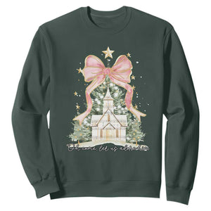 Christian Christmas Sweatshirt Oh Come Let Us Adore Him Nativity Christmas Tree Bow TS10 Dark Forest Green Print Your Wear