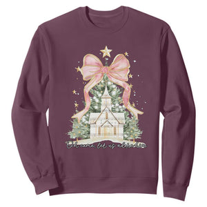 Christian Christmas Sweatshirt Oh Come Let Us Adore Him Nativity Christmas Tree Bow TS10 Maroon Print Your Wear