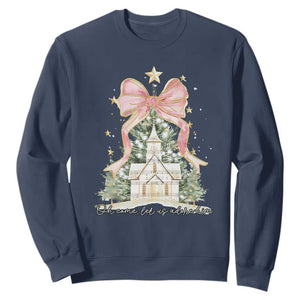 Christian Christmas Sweatshirt Oh Come Let Us Adore Him Nativity Christmas Tree Bow TS10 Navy Print Your Wear