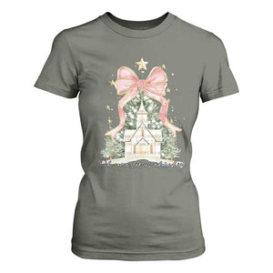 Christian Christmas T Shirt For Women Oh Come Let Us Adore Him Nativity Christmas Tree Bow TS10 Military Green Print Your Wear
