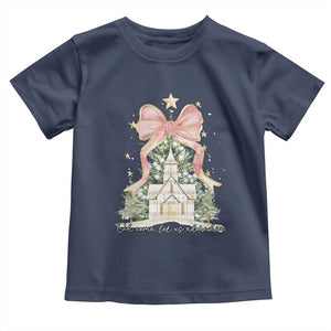 Christian Christmas Toddler T Shirt Oh Come Let Us Adore Him Nativity Christmas Tree Bow TS10 Navy Print Your Wear