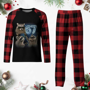 Funny 67 Raccoon Meme Plaid Pajama Set Howling at The Moon Funny Six Seven Weird Cursed TS10 Buffalo Plaid Print Your Wear