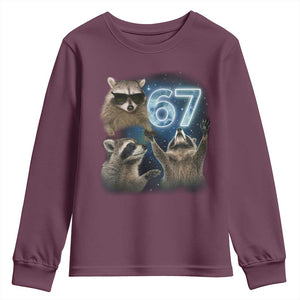 Funny 67 Raccoon Meme Youth Sweatshirt Howling at The Moon Funny Six Seven Weird Cursed TS10 Maroon Print Your Wear