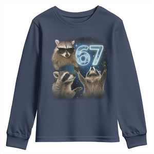 Funny 67 Raccoon Meme Youth Sweatshirt Howling at The Moon Funny Six Seven Weird Cursed TS10 Navy Print Your Wear