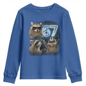 Funny 67 Raccoon Meme Youth Sweatshirt Howling at The Moon Funny Six Seven Weird Cursed TS10 Royal Blue Print Your Wear