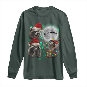 3 Raccoons Howling At Moon Christmas Long Sleeve Shirt Funny Weird Cursed Meme TS10 Dark Forest Green Print Your Wear