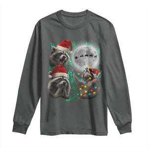 3 Raccoons Howling At Moon Christmas Long Sleeve Shirt Funny Weird Cursed Meme TS10 Dark Heather Print Your Wear