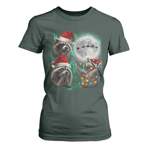 3 Raccoons Howling At Moon Christmas T Shirt For Women Funny Weird Cursed Meme TS10 Dark Forest Green Print Your Wear
