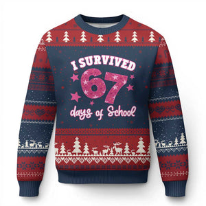 I Survived 67 Days Of School Ugly Christmas Sweater Funny Six Seven Teachers Students Meme Pink TS10 Navy Red Print Your Wear