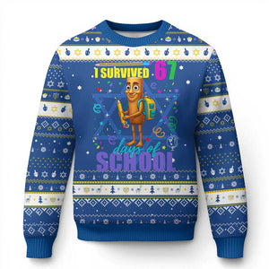 Tung Tung Tung Sahur I Survived 67 Days of School Hanukkah Ugly Sweater Funny Six Seven 6 7 Meme Teacher Student TS10 Blue White Print Your Wear