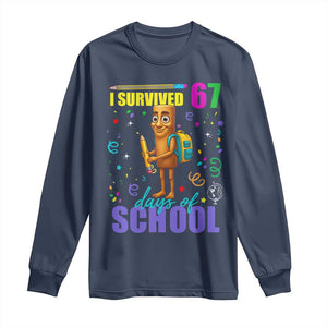 Tung Tung Tung Sahur I Survived 67 Days of School Long Sleeve Shirt Funny Six Seven 6 7 Meme Teacher Student TS10 Navy Print Your Wear