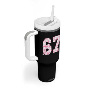 Six Seven Coquette Girl Tumbler With Handle Funny 67 Meme Gen Alpha Slang Pink Floral Bow Aesthetic TS10 Print Your Wear