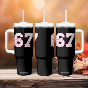 Six Seven Coquette Girl Tumbler With Handle Funny 67 Meme Gen Alpha Slang Pink Floral Bow Aesthetic TS10 Print Your Wear