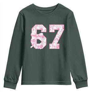Six Seven Coquette Girl Youth Sweatshirt Funny 67 Meme Gen Alpha Slang Pink Floral Bow Aesthetic TS10 Dark Forest Green Print Your Wear