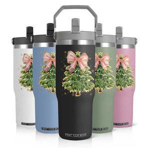 Coquette Bow Christmas Flip Straw Tumbler Cute Teacher Xmas Tree Pink TS10 Print Your Wear