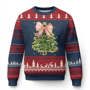 Coquette Bow Xmas Ugly Christmas Sweater Cute Teacher Xmas Tree Pink TS10 Navy Red Print Your Wear