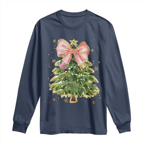 Coquette Bow Christmas Long Sleeve Shirt Cute Teacher Xmas Tree Pink TS10 Navy Print Your Wear
