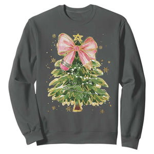 Coquette Bow Christmas Sweatshirt Cute Teacher Xmas Tree Pink TS10 Dark Heather Print Your Wear
