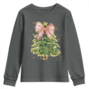 Coquette Bow Christmas Youth Sweatshirt Cute Teacher Xmas Tree Pink TS10 Dark Heather Print Your Wear
