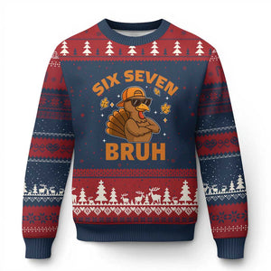 67 Funny Thanksgiving Ugly Christmas Sweater Six Seven Bruh 6 7 Turkey Meme TS10 Navy Red Print Your Wear