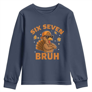67 Funny Thanksgiving Youth Sweatshirt Six Seven Bruh 6 7 Turkey Meme TS10 Navy Print Your Wear