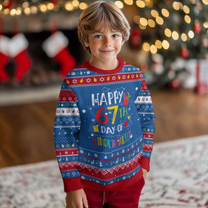 67 Days Of Kindergarten Hanukkah Ugly Sweater Happy 67th Day Of School Teachers Student Meme TS10 Blue Red Print Your Wear