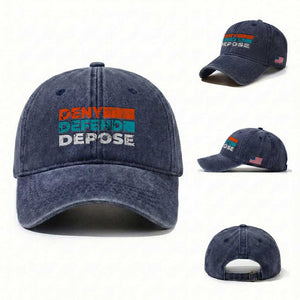 Deny Defend Depose Washed Cotton Baseball Cap Vintage Retro TS10 Washed Cap Universal Fit Navy Print Your Wear