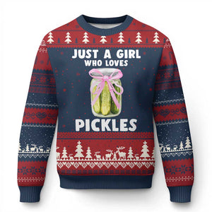 Just a Girl Who Loves Pickles Ugly Christmas Sweater Pickle Jars with Coquette Bow TS10 Navy Red Print Your Wear
